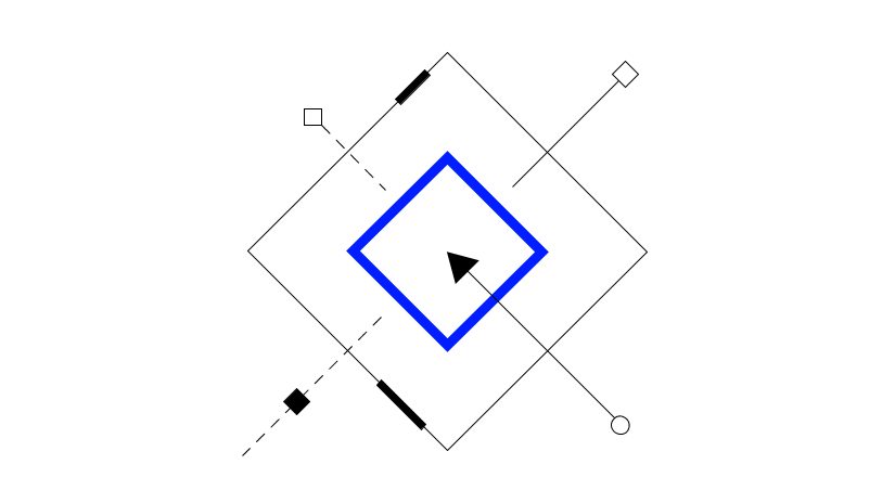 Illustration consisting of a black arrow pointing towards a series of square shapes