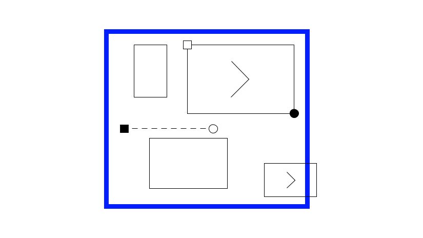 Illustration of a series of geometric shapes and a blue outlined square