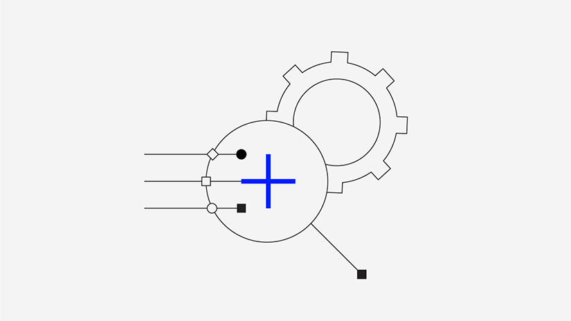 Graphic containing various shapes and lines including a cog and a blue plus sign