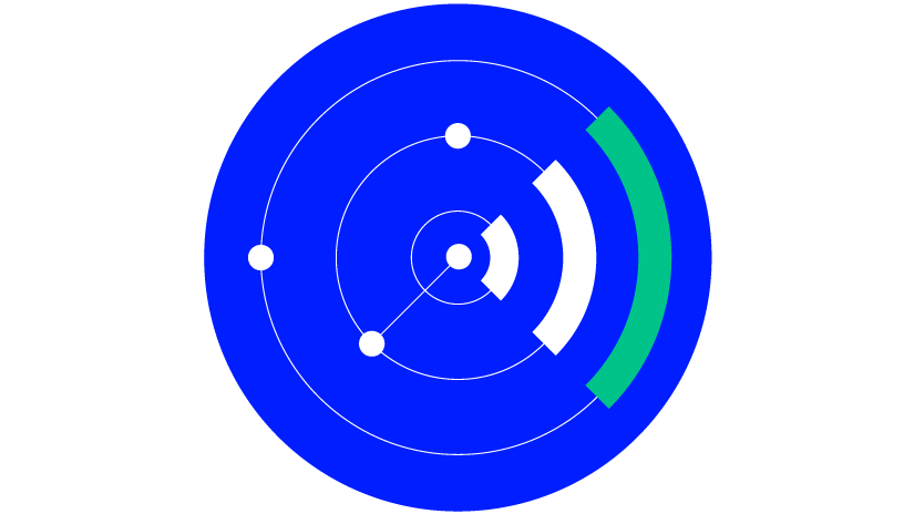 Blue coloured circular graphic with white and green patterns