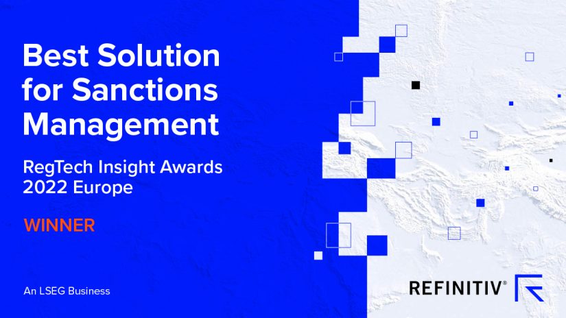 Image stating Refinitiv has won 'Best Solution for Sanctions Management at the RegTech Insight Awards 2022 Europe