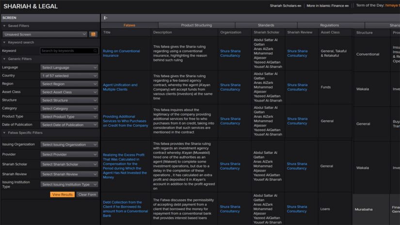 A screenshot of Refinitiv Eikon showing the Sharia and legal app