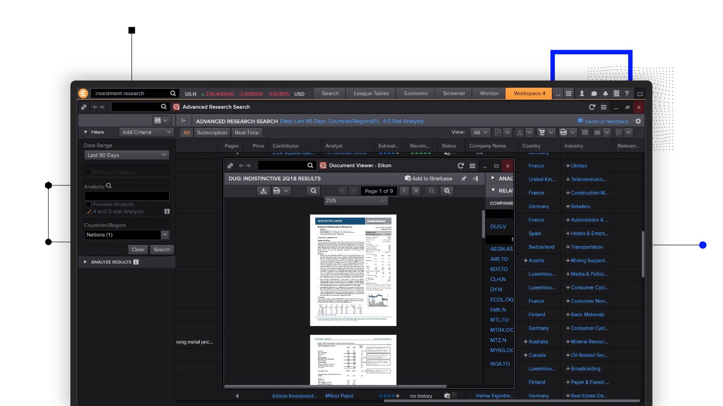 	Screenshot of the advanced Research Search app in Eikon