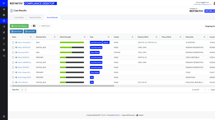 Screenshot of Refinitiv compliance desktop software
