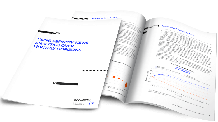 A white open booklet. on its front cover it reads using refinitiv news analytics over monthly horizons