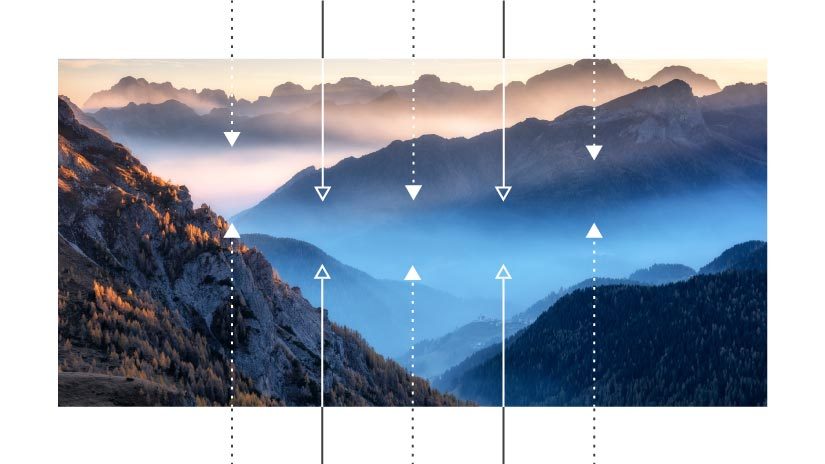 graphic arrows pointing at forest in mountains