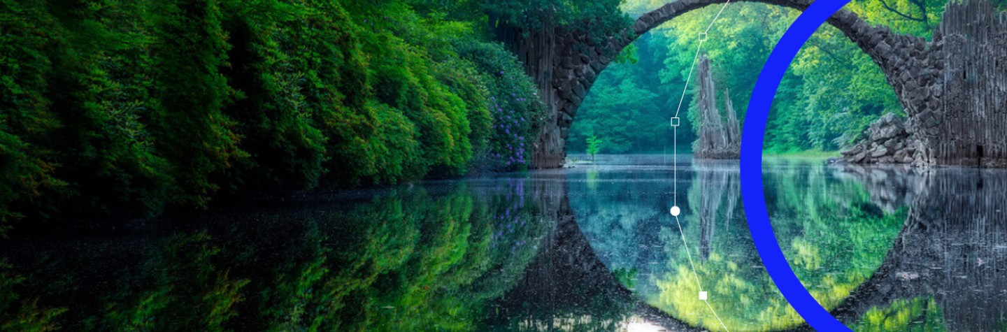 View of a bridge and reflected woodland in water