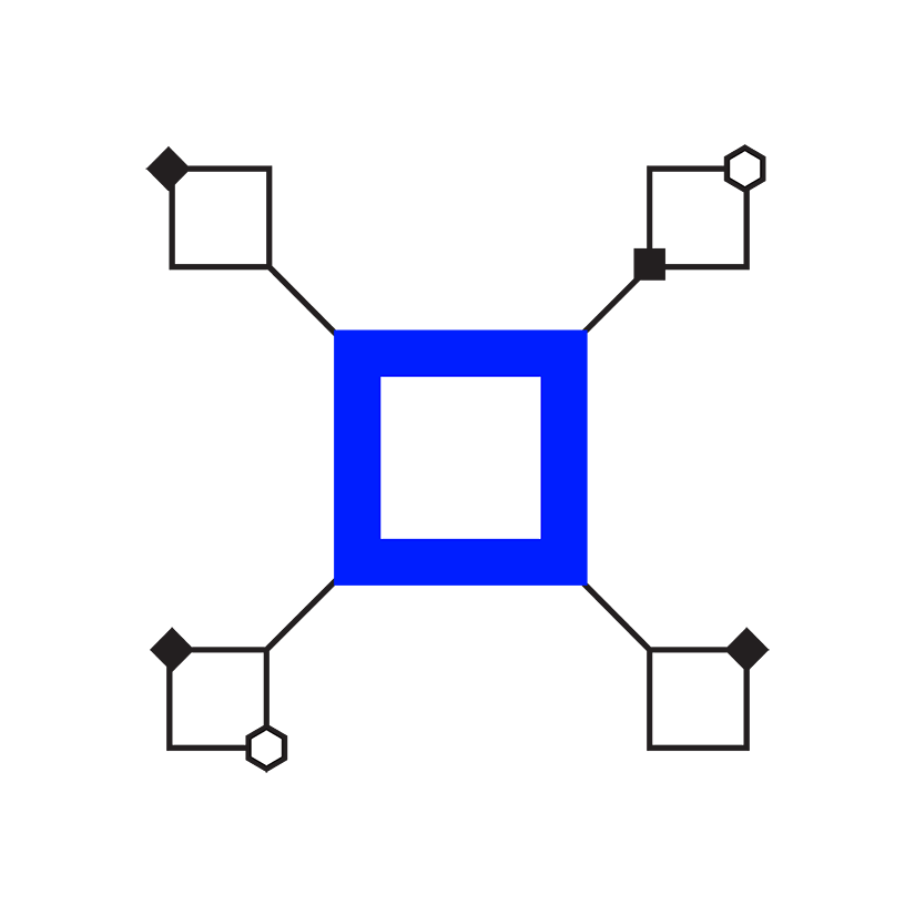 A blue square featuring interlocking black shapes and lines