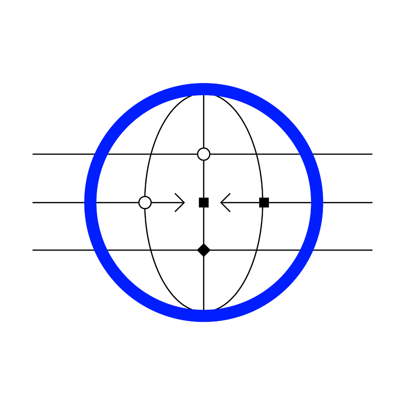 Graphic showing a blue circle with black arrows and shapes