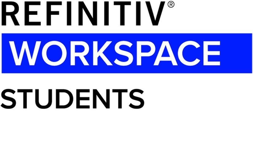 Three lines of bold text reading refinitiv workspace students. The middle line has a blue box around it and is in white text