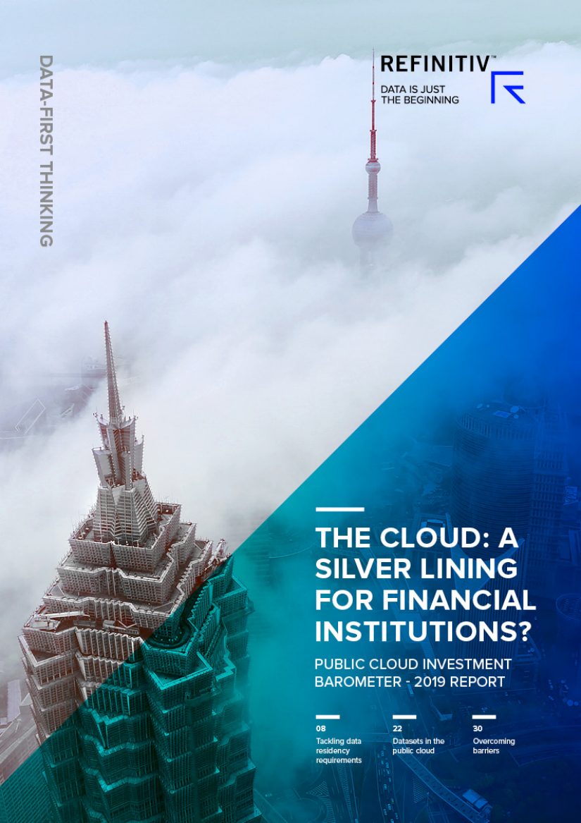 Two tall buildings with clouds surrounding them with the title "The cloud: silver lining for financial institutions? Public cloud investment barometer - 2019 report" incorporated on the image.