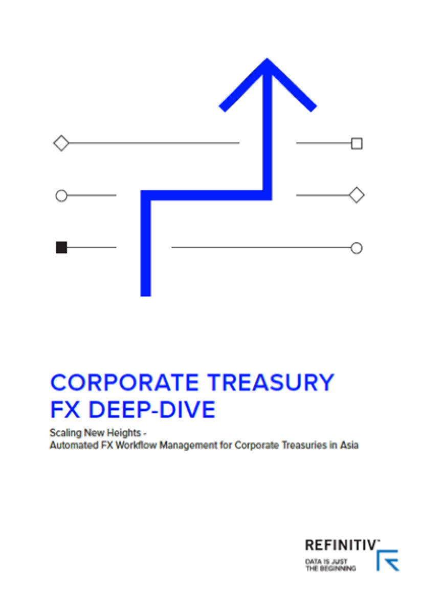Front cover of Corporate treasury report featuring bold blue arrow on white backdrop
