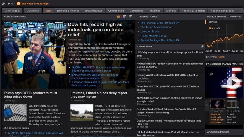 Screenshot showing the Eikon news front page 