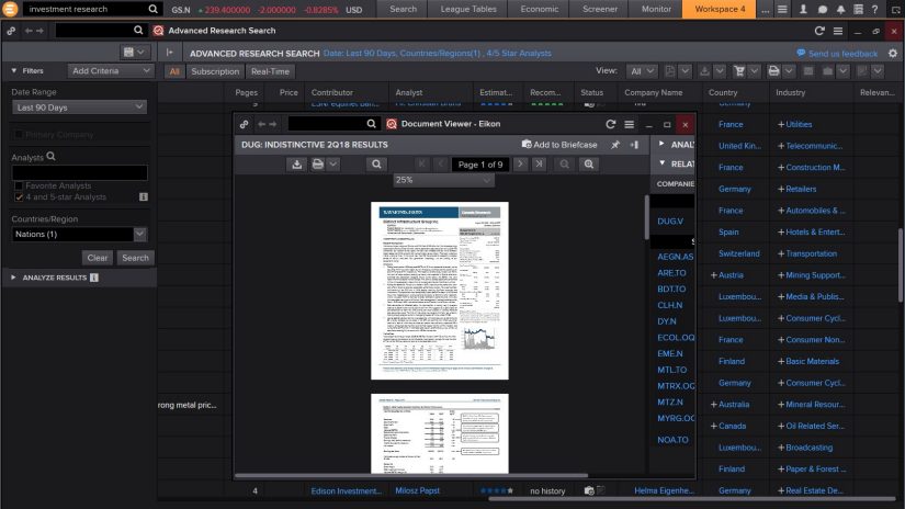 screenshot of Eikon showing Advanced Research Search