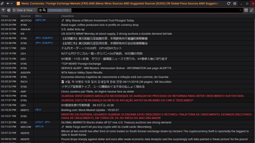 Screenshot of Eikon showing News for currencies and foreign exchange markets