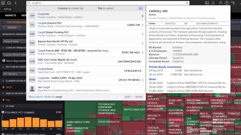 A screenshot of Refinitiv’s Workspace software dashboard and search functionality displaying financial information.