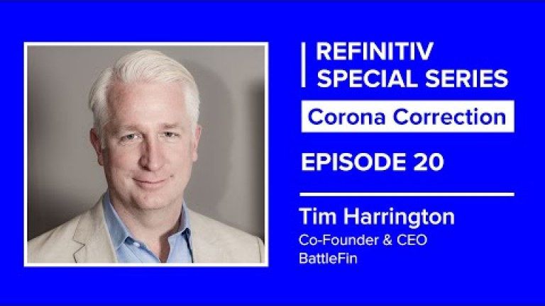 portrait shot of tim harrington on a blue background. The words refinitiv special series corona correction episode 20 sit to his left