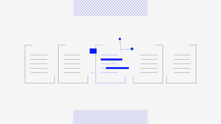 Animated blue elements over the top of documents